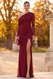 Burgundy Sheath One Shoulder Ruched Beaded Long Formal Dress with Slit