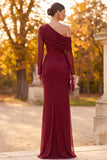 Burgundy Sheath One Shoulder Ruched Beaded Long Formal Dress with Slit