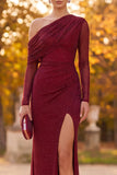 Burgundy Sheath One Shoulder Ruched Beaded Long Formal Dress with Slit