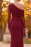 Burgundy Sheath One Shoulder Ruched Beaded Long Formal Dress with Slit