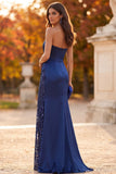 Dark Blue Sheath Strapless Ruched Sequins Beaded Formal Dress with Slit