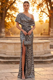 Silver Leopard Floral Sheath One Shoulder Ruched Long Formal Dress with Slit
