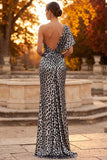 Silver Leopard Floral Sheath One Shoulder Ruched Long Formal Dress with Slit