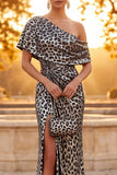 Silver Leopard Floral Sheath One Shoulder Ruched Long Formal Dress with Slit