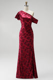 Burgundy Sheath Satin Floral Ruched Long Mother of the Bride Dress with Slit