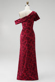 Burgundy Sheath Satin Floral Ruched Long Mother of the Bride Dress with Slit