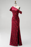 Burgundy Sheath Satin Floral Ruched Long Mother of the Bride Dress with Slit