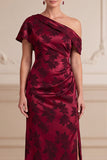 Burgundy Sheath Asymmetrical One Shoulder Jacquard Maxi Mother of the Bride Dress with Side Slit