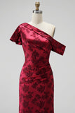 Burgundy Sheath Satin Floral Ruched Long Mother of the Bride Dress with Slit