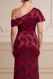Burgundy Sheath Asymmetrical One Shoulder Jacquard Maxi Mother of the Bride Dress with Side Slit