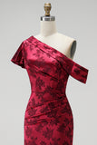 Burgundy Sheath Satin Floral Ruched Long Mother of the Bride Dress with Slit