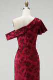 Burgundy Sheath Satin Floral Ruched Long Mother of the Bride Dress with Slit