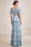 Grey Blue Sheath V-Neck Ruched Flutter Sleeves Maxi Mother of the Bride Dress with Side Slit