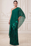 Dark Green Sheath One Shoulder Satin Printed Maxi Mother of the Bride Dress with Cape
