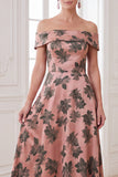 Orange A-Line Off the Shoulder Printed Maxi Mother of the Bride Dress