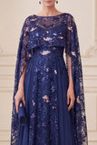 Navy A-Line Illusion Neck Sequins Maxi Mother of the Bride Dress with Cape