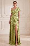 Green A-Line Asymmetrical One Shoulder Printed Maxi Mother of the Bride Dress with Side Slit