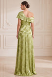 Green A-Line Asymmetrical One Shoulder Printed Maxi Mother of the Bride Dress with Side Slit