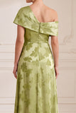 Green A-Line Asymmetrical One Shoulder Printed Maxi Mother of the Bride Dress with Side Slit