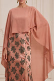 Orange Sheath Boat Neck Printed Satin Long Mother of the Bride Dress with Cape
