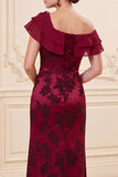 Burgundy Sheath Off the Shoulder 3D Flower Jacquard Long Mother of the Bride Dress with Slit
