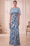 Grey Blue Sheath Boat Neck Printed Ruched Long Mother of the Bride Dress with Cape