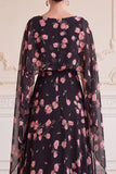Black Pink Flower A-Line Chiffon Bateau Neck Printed Maxi Mother of the Bride Dress with Cape
