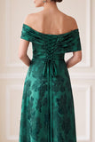 Dark Green A-Line Off the Shoulder Jacquard Asymmetrical Maxi Mother of the Bride Dress