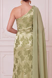 Green Sheath One Shoulder Chiffon Cape Draped Printed Maxi Mother of the Bride Dress with 3D Flower