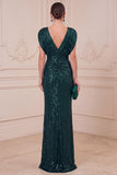 Dark Green Sheath V-Neck Sequins Long Mother of the Bride Dress