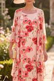 Red Flower 2 Piece Chiffon Bodycon Beaded Midi Mother of the Bride Dress with Jacket