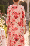 Red Flower 2 Piece Chiffon Bodycon Beaded Midi Mother of the Bride Dress with Jacket