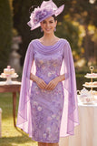 Purple Floral Bodycon Cowl Neck Midi Mother of the Bride Dress with Cape