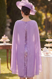 Purple Floral Bodycon Cowl Neck Midi Mother of the Bride Dress with Cape