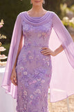 Purple Floral Bodycon Cowl Neck Midi Mother of the Bride Dress with Cape
