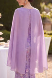 Purple Floral Bodycon Cowl Neck Midi Mother of the Bride Dress with Cape