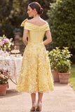 Asymmetrical Off the Shoulder Yellow Satin Pearls Embroidery A-Line Mother of the Bride Dress