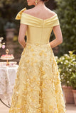 Asymmetrical Off the Shoulder Yellow Satin Pearls Embroidery A-Line Mother of the Bride Dress