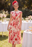 Red Bateau Neck Cap Sleeves A-Line Floral Midi Mother of the Bride Dress