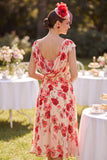 Red Bateau Neck Cap Sleeves A-Line Floral Midi Mother of the Bride Dress