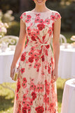 Red Bateau Neck Cap Sleeves A-Line Floral Midi Mother of the Bride Dress