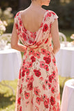 Red Bateau Neck Cap Sleeves A-Line Floral Midi Mother of the Bride Dress