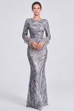 Sparkly Silver Sequins Round Neck Long Formal Dress with Sleeves