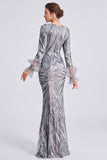Sparkly Silver Sequins Round Neck Long Formal Dress with Sleeves