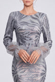 Sparkly Silver Sequins Round Neck Long Formal Dress with Sleeves
