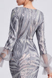 Sparkly Silver Sequins Round Neck Long Formal Dress with Sleeves