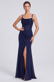 Sparkly Mermaid Navy Ruched Sequin Corset Long Formal Dress with Slit