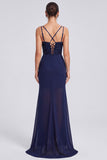 Sparkly Mermaid Navy Ruched Sequin Corset Long Formal Dress with Slit