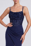 Sparkly Mermaid Navy Ruched Sequin Corset Long Formal Dress with Slit
