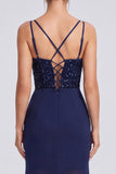 Sparkly Mermaid Navy Ruched Sequin Corset Long Formal Dress with Slit